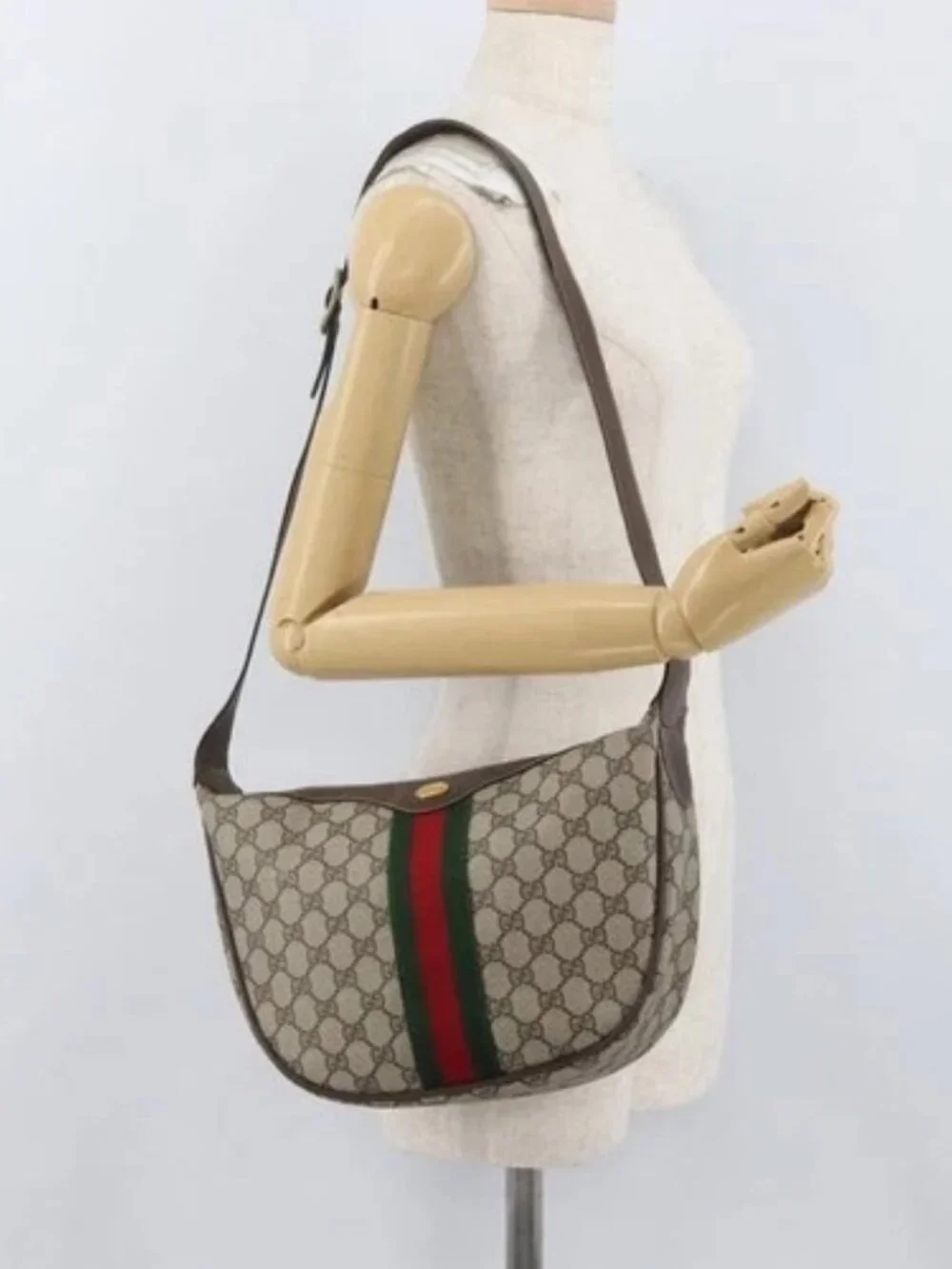 GUCCI GG Supreme Web Sherry Line Bag PVC Beige Gold 10 01 3840 Auth SW2275